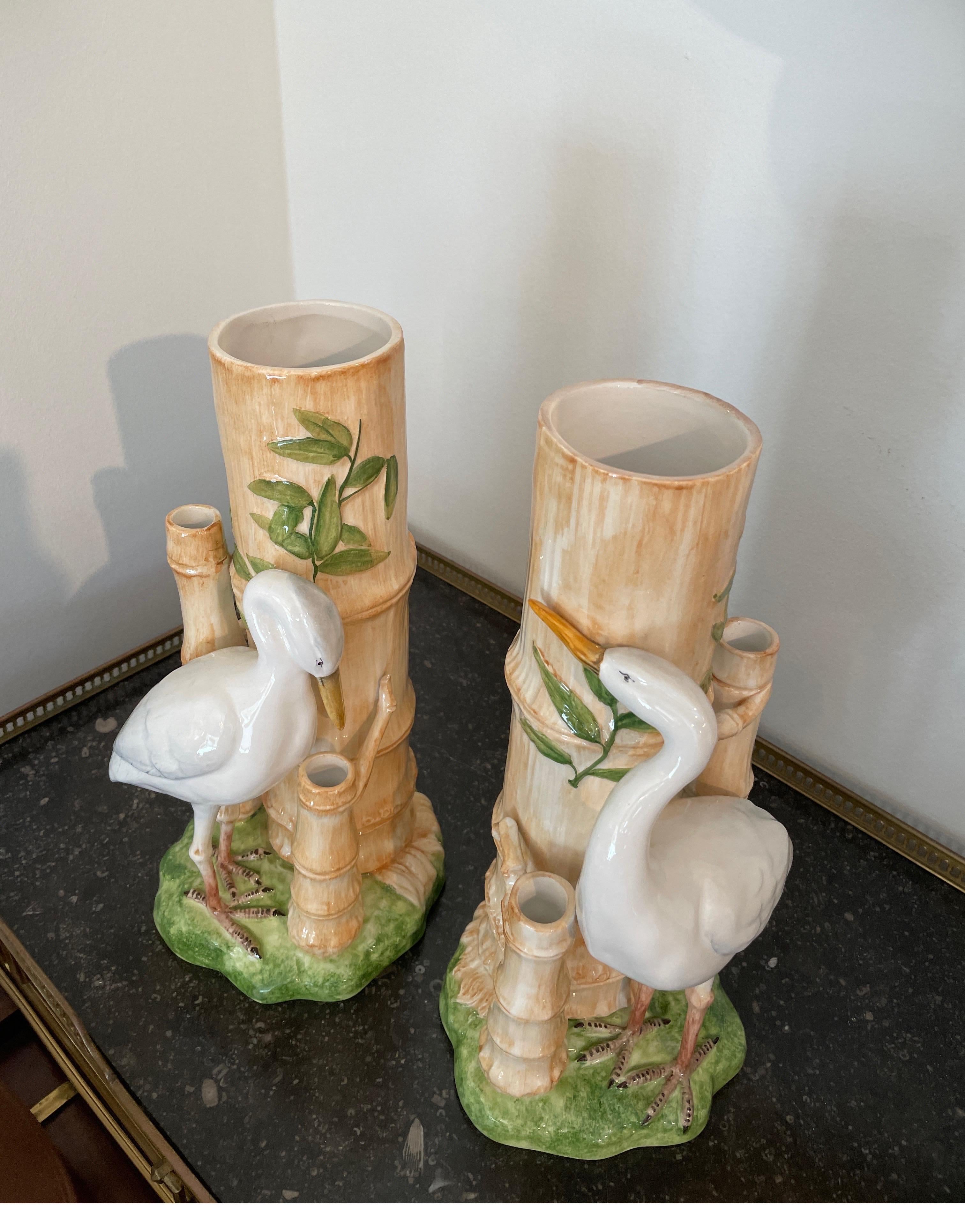 Italiano Pair of Italian Faux Bamboo Majolica Vases with Opposing Cranes in vendita