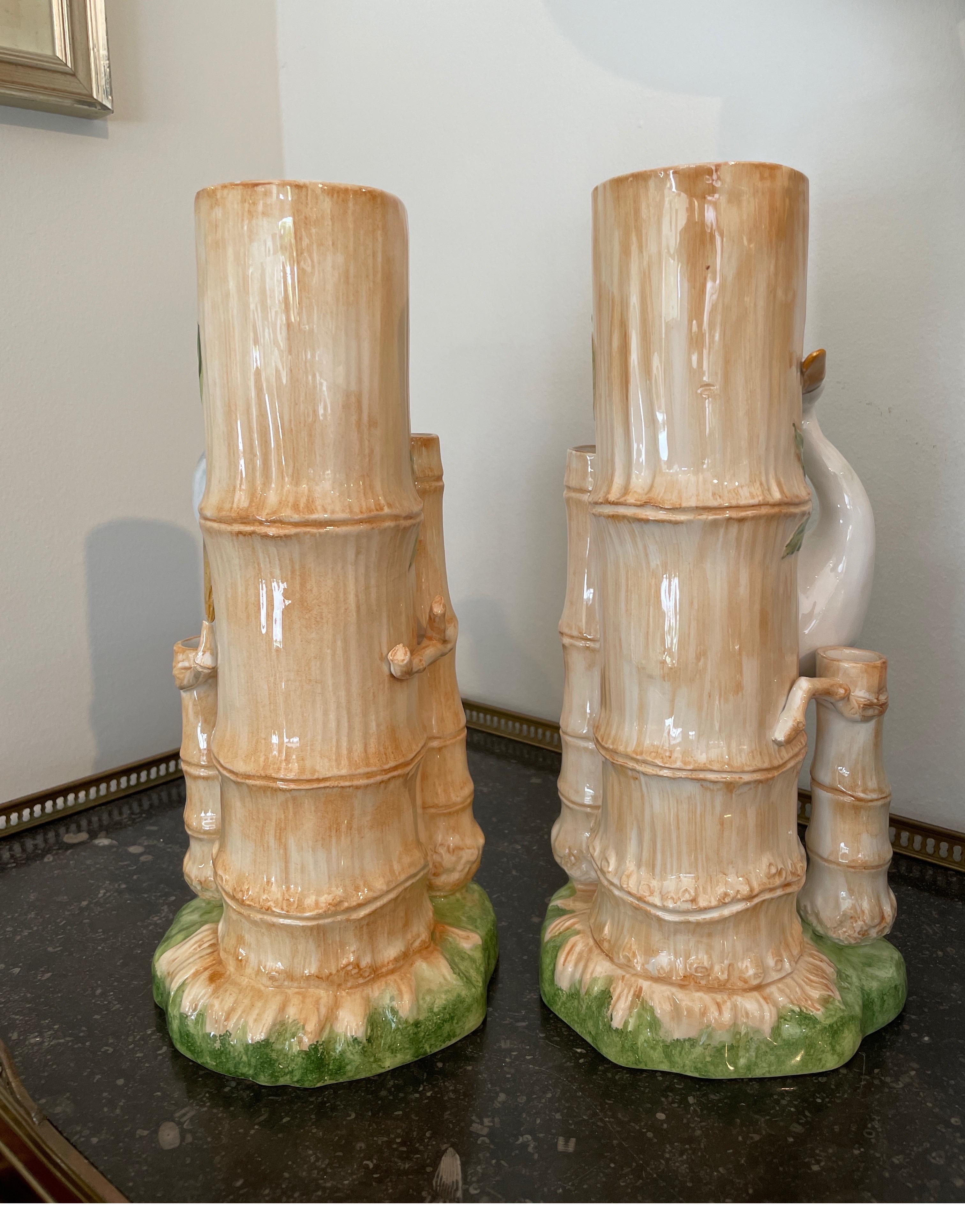 Pair of Italian Faux Bamboo Majolica Vases with Opposing Cranes In condizioni buone in vendita a West Palm Beach, FL