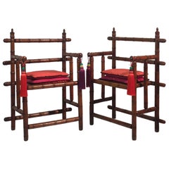 Pair of Italian Faux Bamboo Wooden Armchairs with Orange Silk Cushions, 1940s