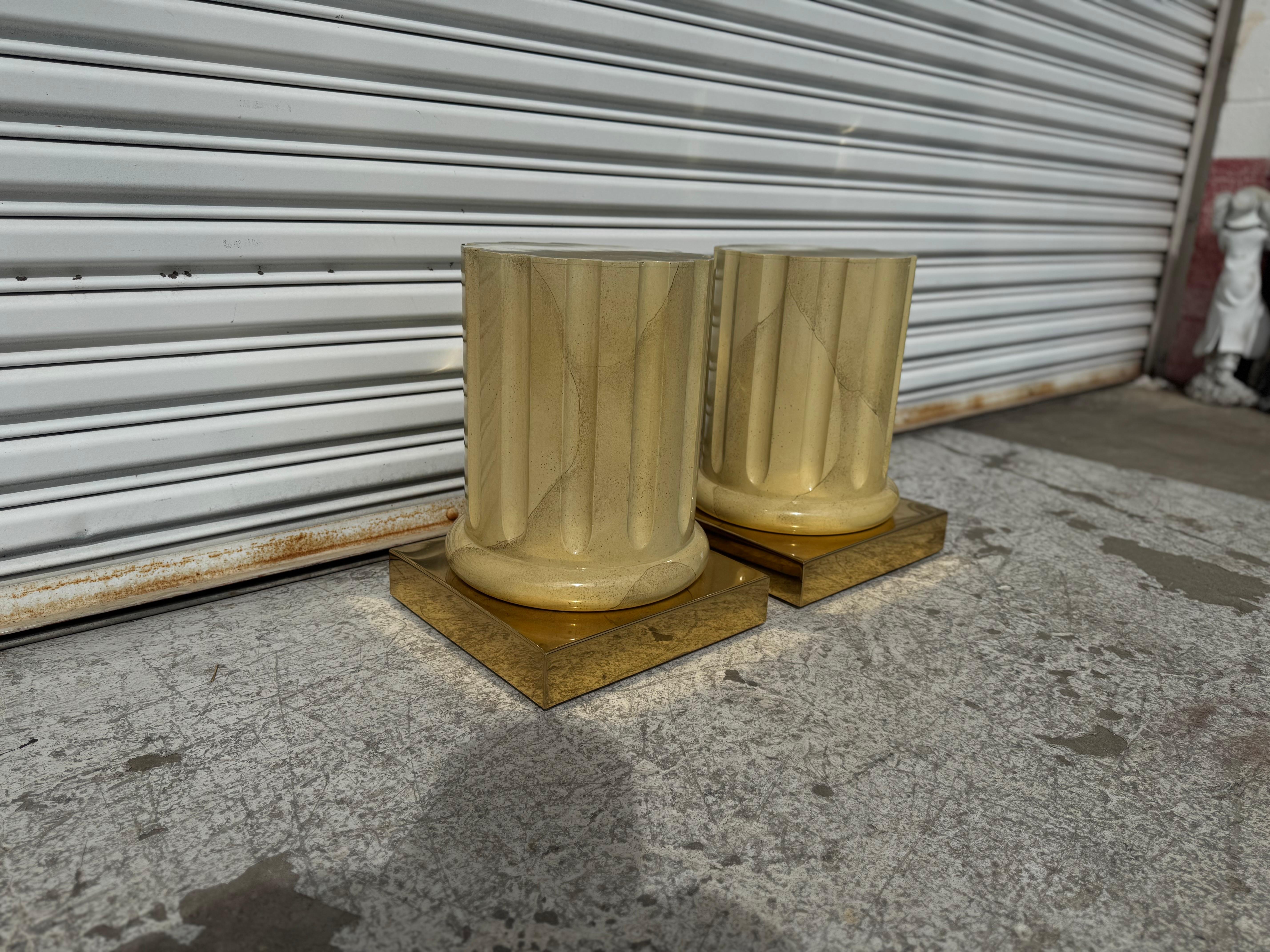 Hollywood Regency Pair of Italian Faux Goatskin and Brass End/Coffee Table Bases For Sale