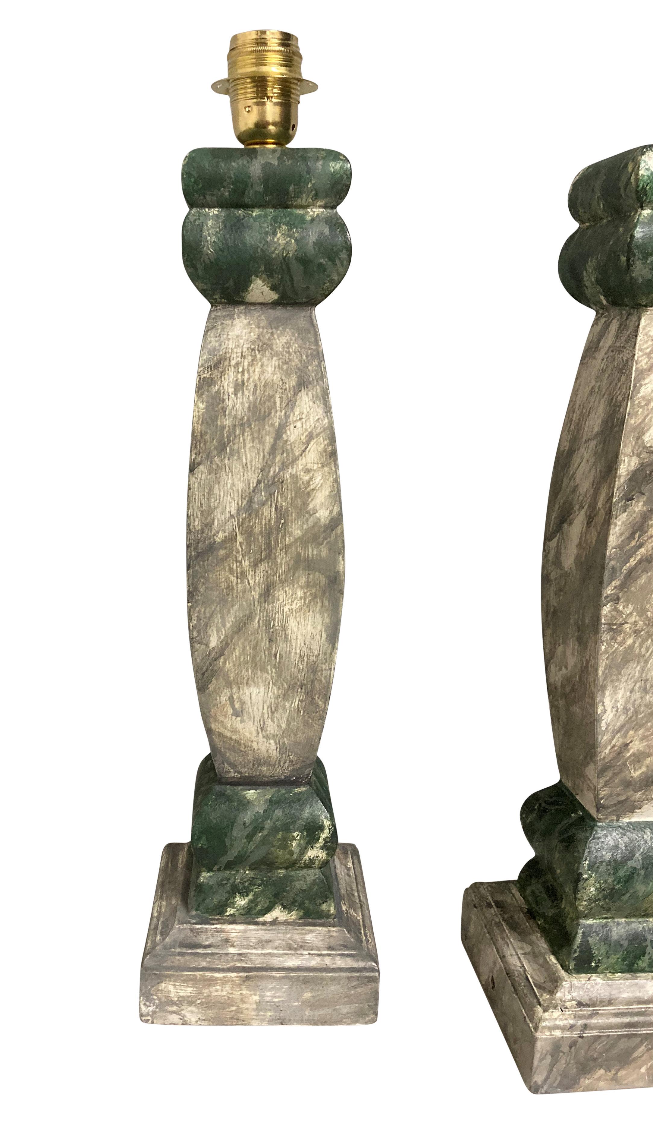 Beech Pair Of Italian Faux Marble Balustrade Lamps For Sale