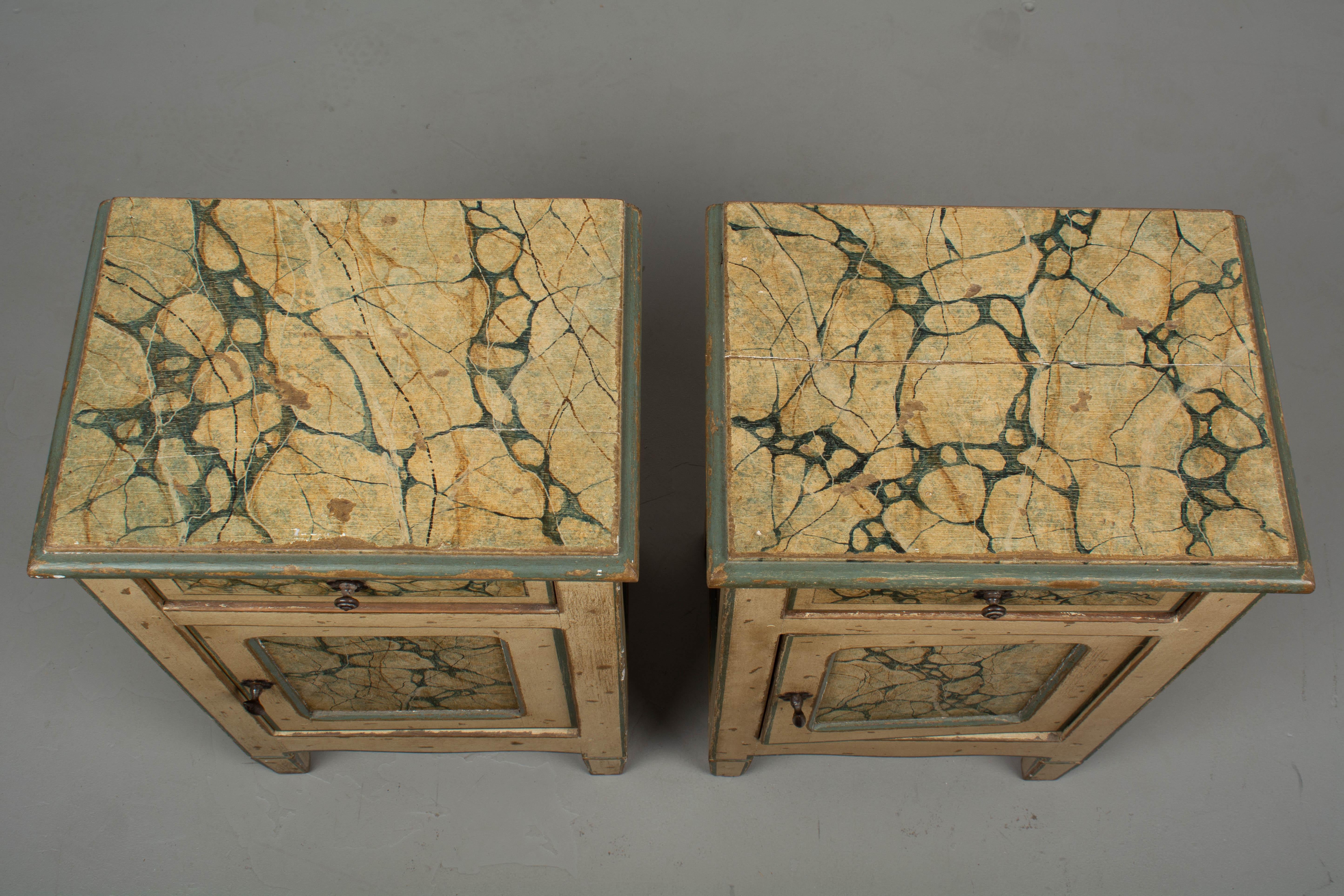 Pine Pair of Italian Faux Marble Painted Nightstands