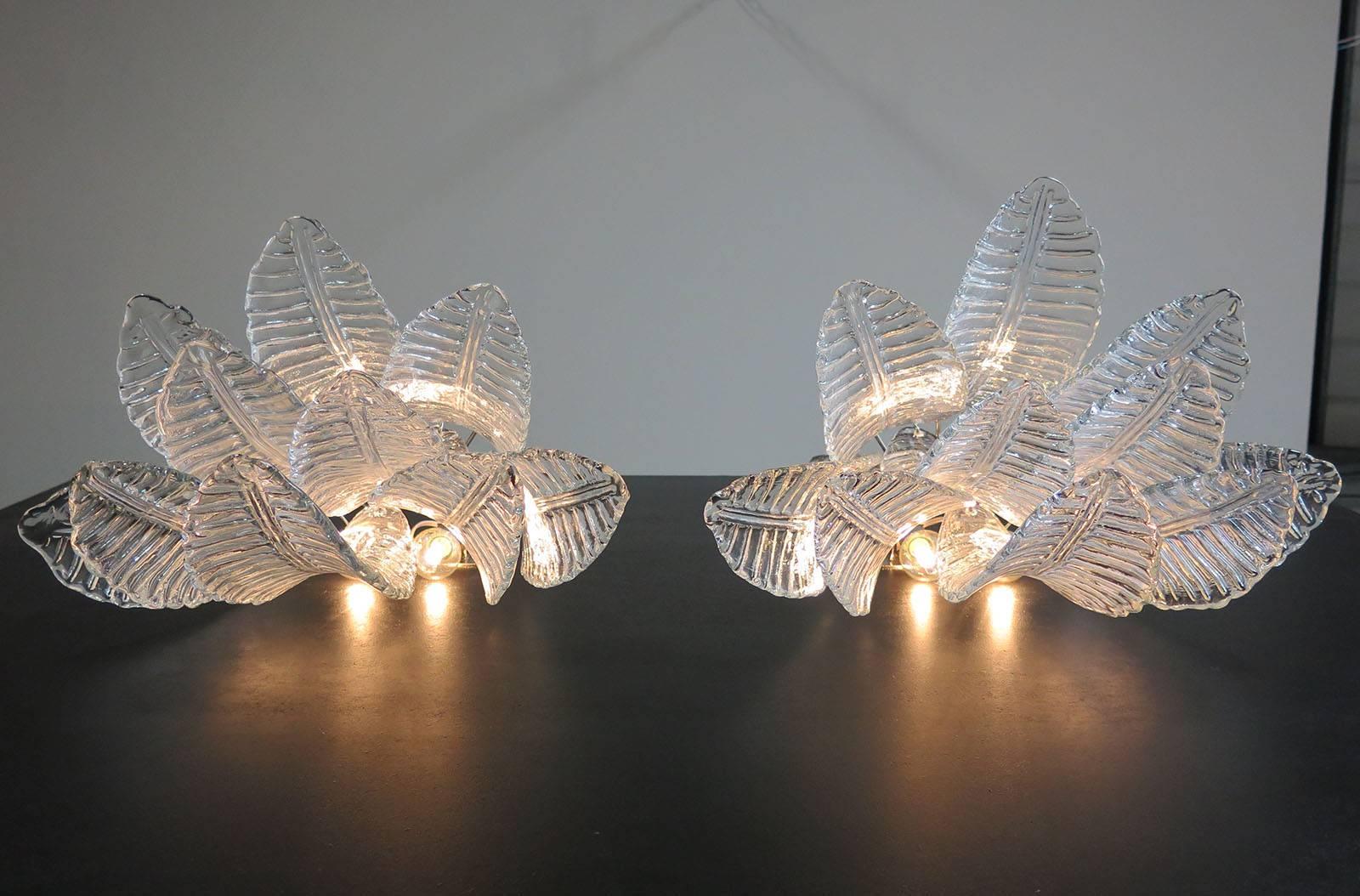 Murano Glass Pair of Italian Felci Leaves Sconces, Barovier & Toso Style, Murano For Sale