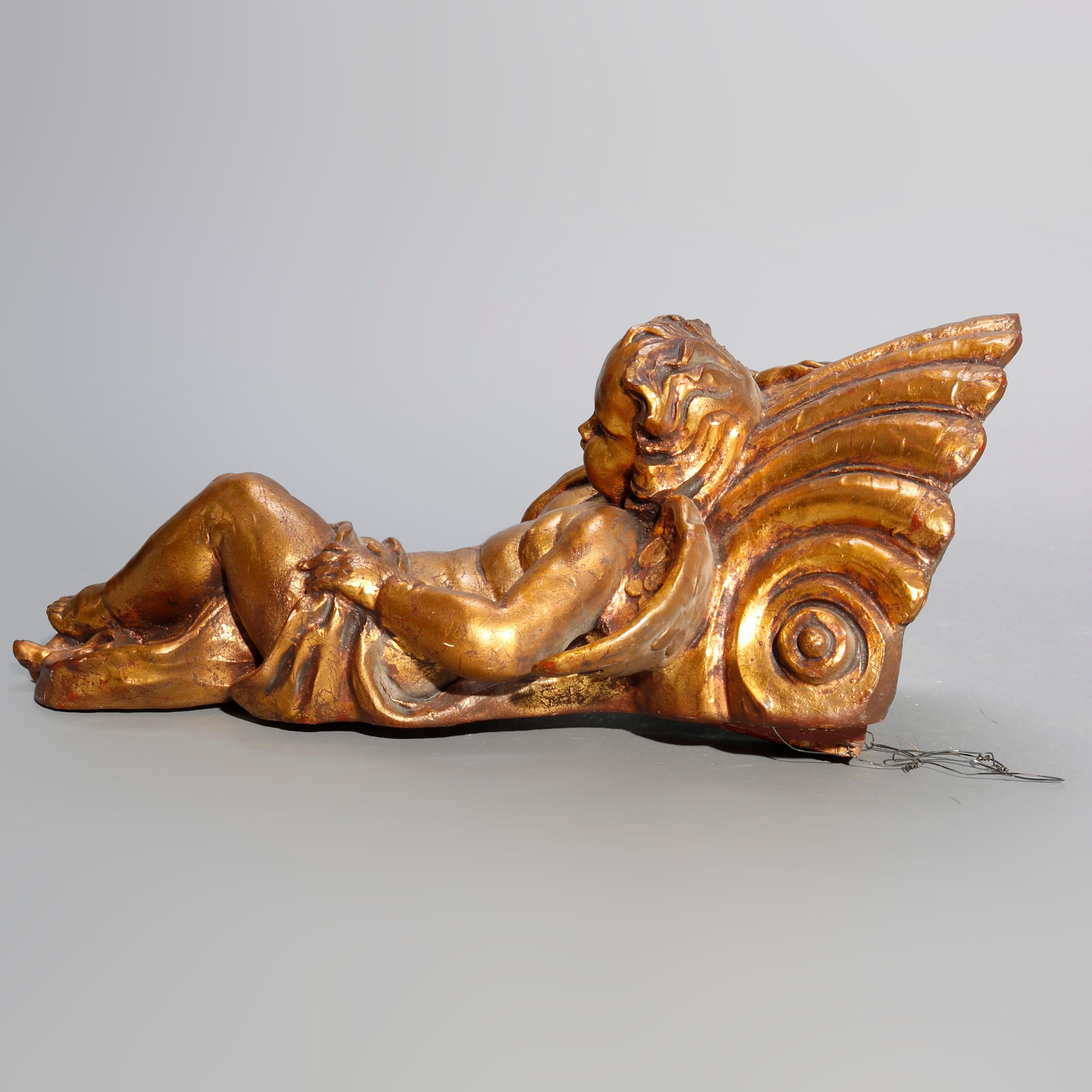 Pair of Italian Figural Cherub & Shell Gold Giltwood Wall Sculptures 20thC In Good Condition For Sale In Big Flats, NY