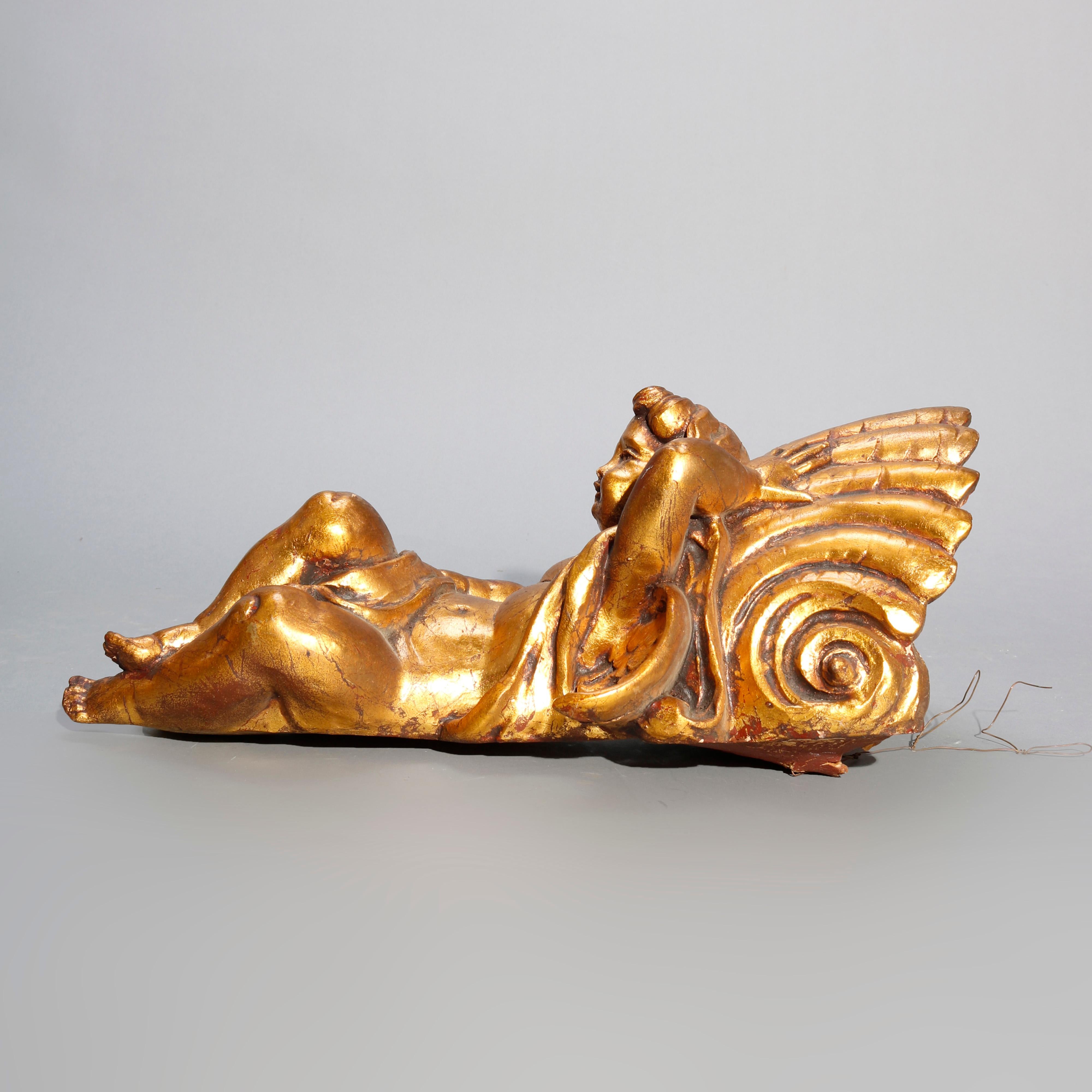 20th Century Pair of Italian Figural Cherub & Shell Gold Giltwood Wall Sculptures 20thC For Sale