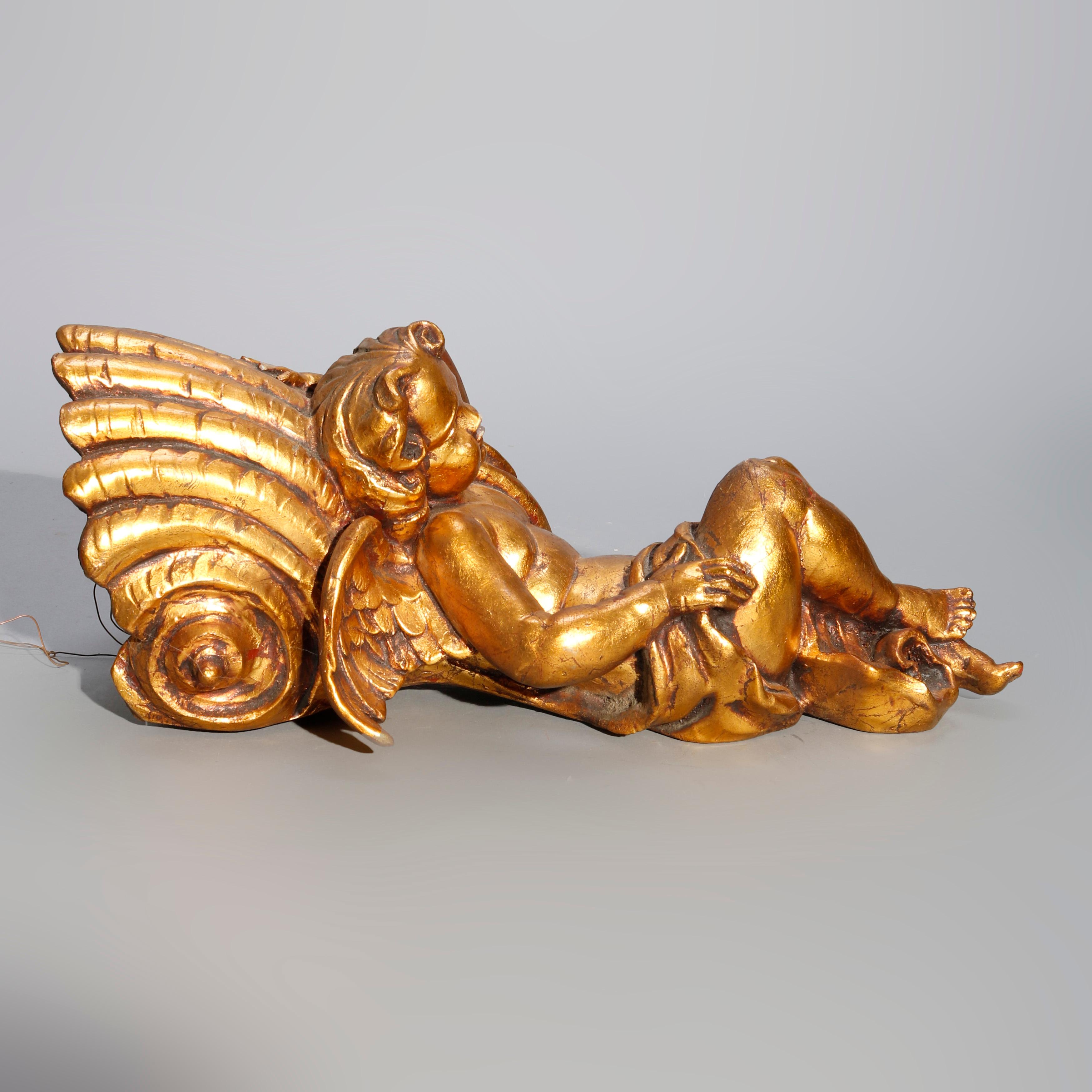 Pair of Italian Figural Cherub & Shell Gold Giltwood Wall Sculptures 20thC For Sale 2