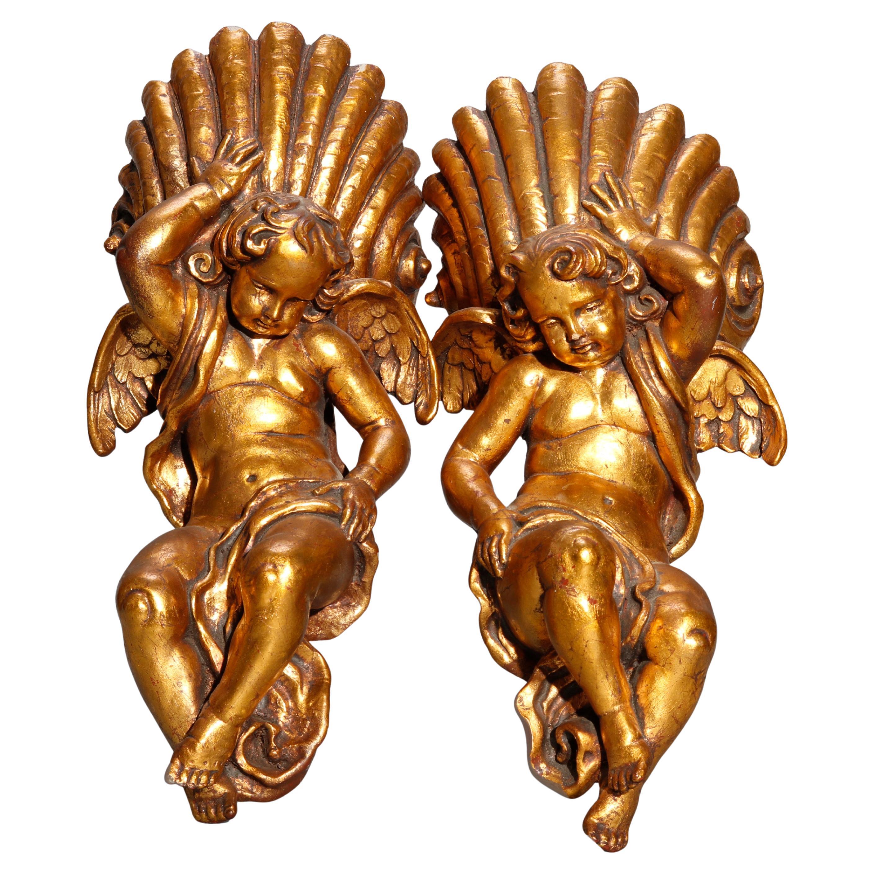 Pair of Italian Figural Cherub & Shell Gold Giltwood Wall Sculptures 20thC For Sale
