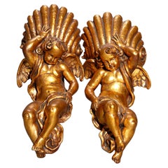 Pair of Italian Figural Cherub & Shell Gold Giltwood Wall Sculptures 20thC