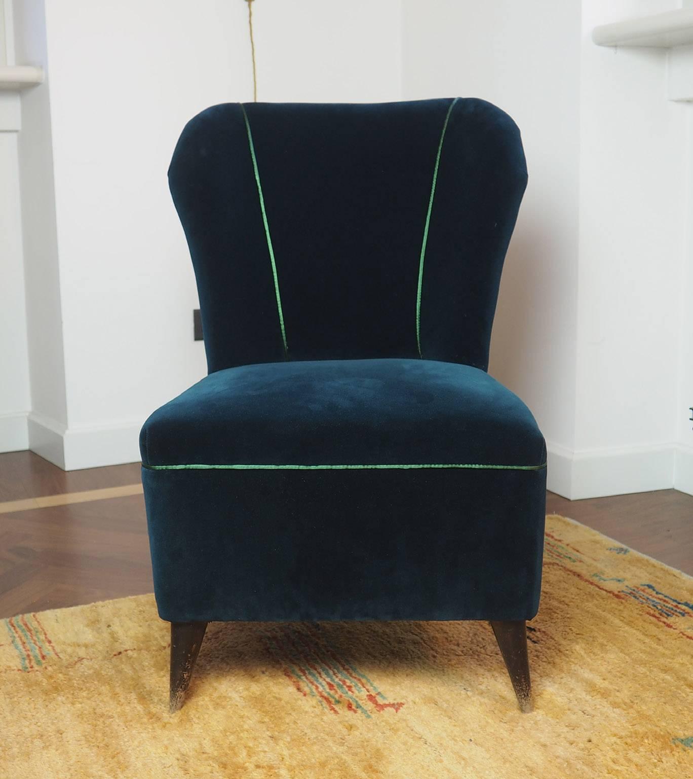 Pair of very nice small armchairs newly upholstered, covered with elegant green 