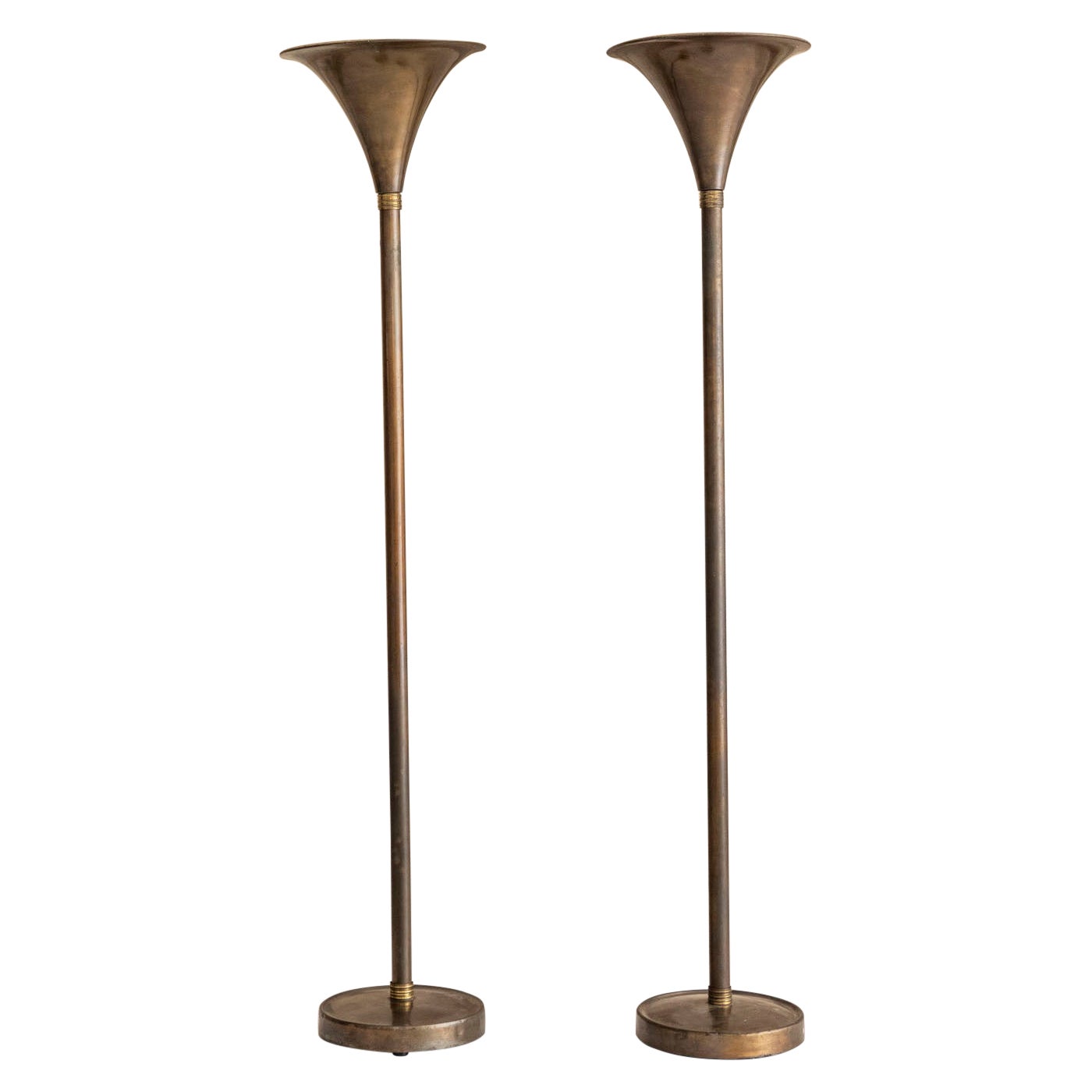 Lampade da terra italiane in ottone, design Mid-Century Modern, anni ’30, coppia