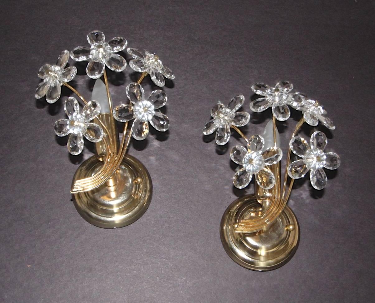 Pair of crystal floral or flower bouquet sconces. Fittings and backplate are gold plated. Each sconce uses one candelabra base bulb. Newly wired. Back plates are just under 4