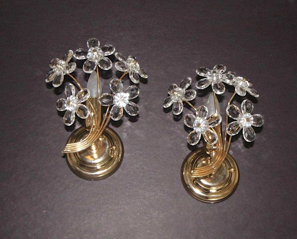 Plated Pair of Italian Floral Crystal Wall Sconces