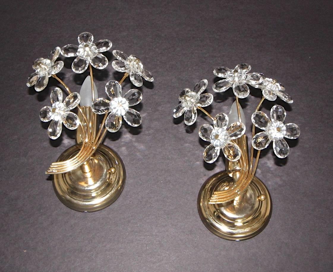 Pair of Italian Floral Crystal Wall Sconces In Good Condition In Palm Springs, CA