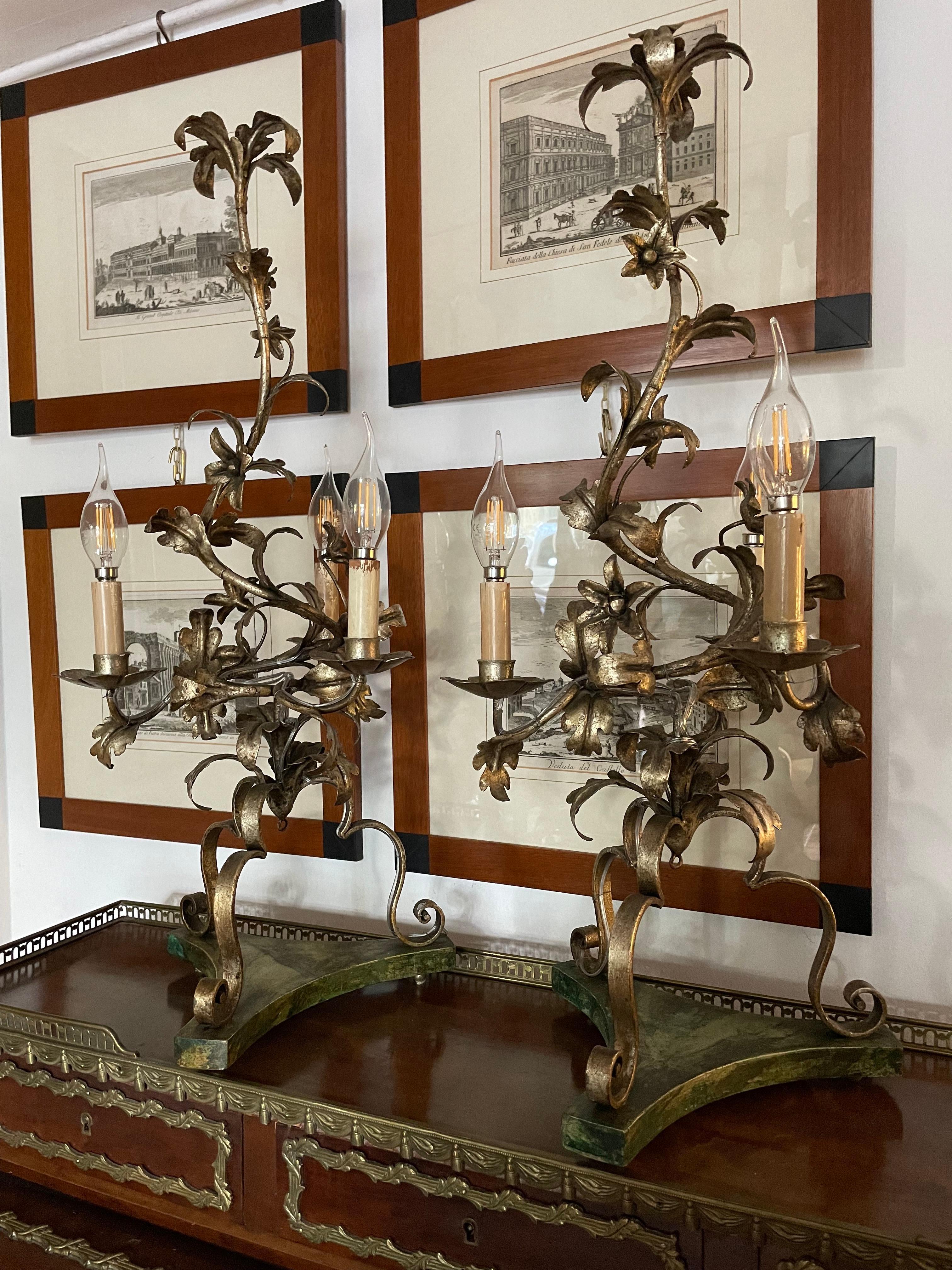 Pair of Italian Floral Table Lamps 20th Century Wrought iron Candelabra For Sale 4