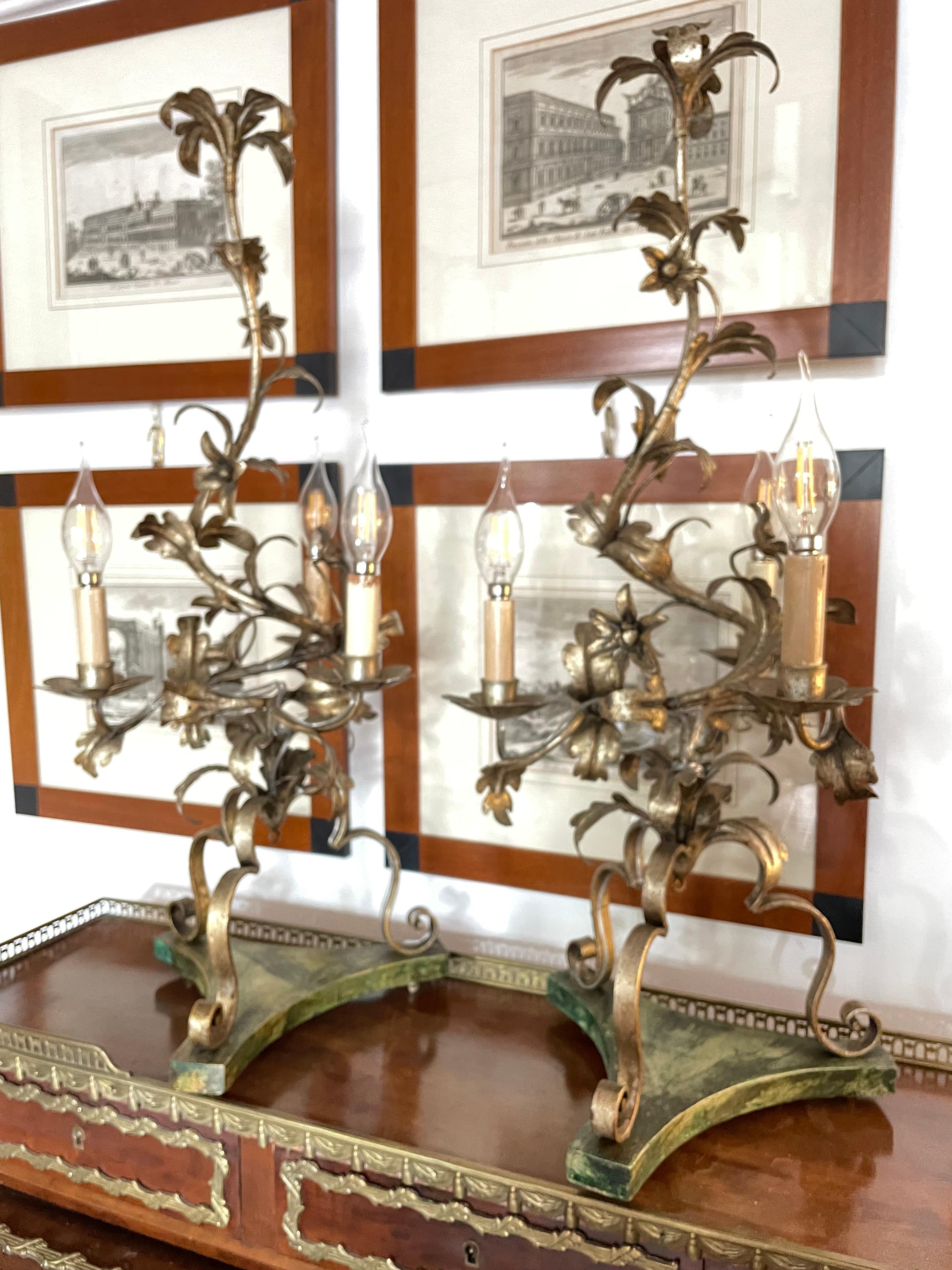 Pair of Italian Floral Table Lamps 20th Century Wrought iron Candelabra For Sale 5