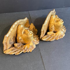 Pair of Italian Florentine Architectural Gilt Cherub Angel Wall Shelf Brackets