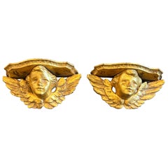 Pair of Italian Florentine Architectural Gilt Cherub Angel Wall Shelf Brackets