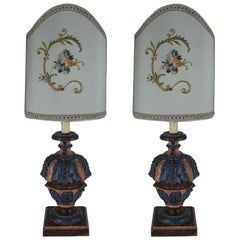 Vintage Pair of Florentine Blue Rose Hand-Carved Table Lamps by Bartolozzi Maioli, 1970