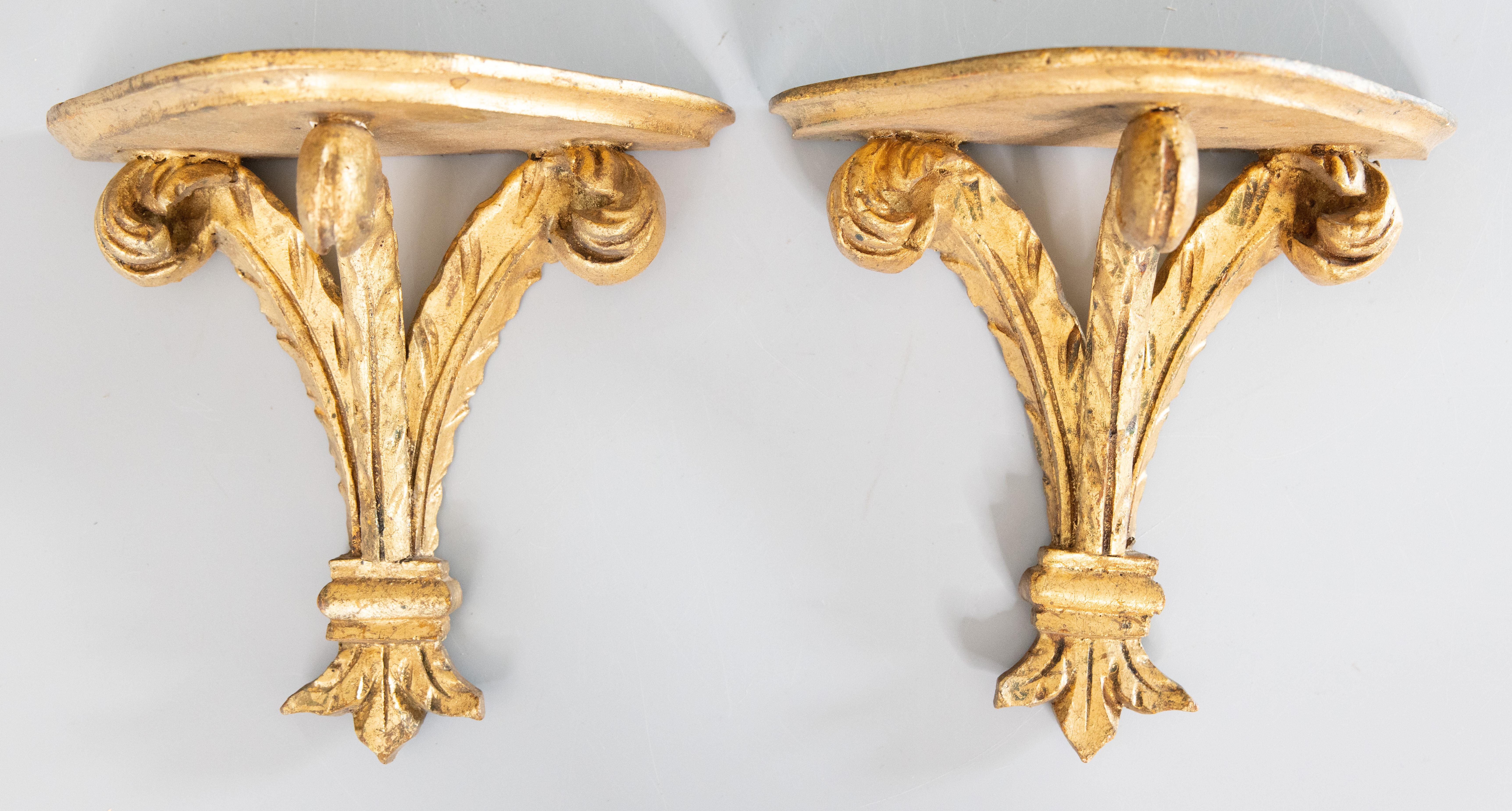 Pair of Italian Florentine Carved Feather Giltwood Wall Brackets, circa 1950 For Sale 6