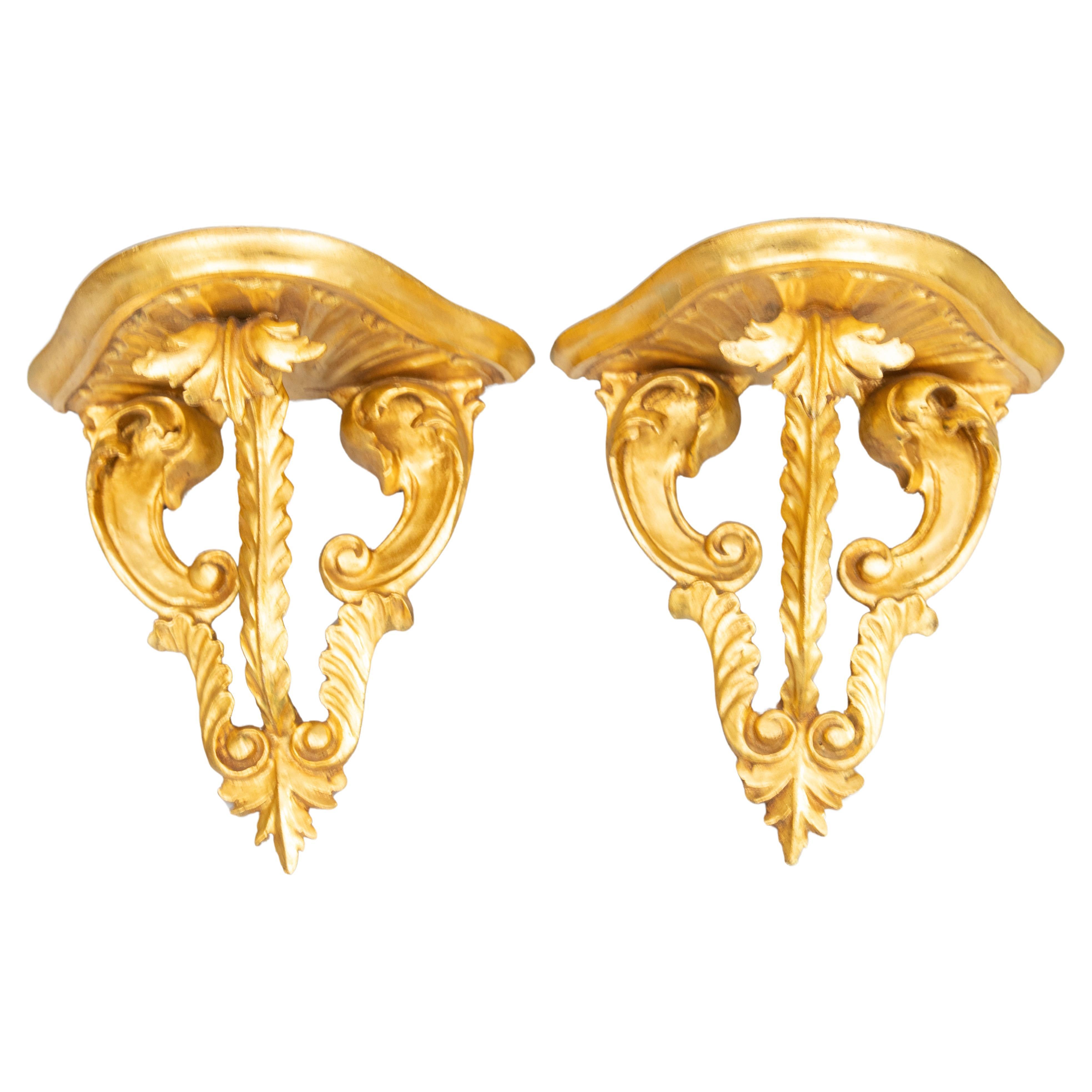 Pair of Italian Florentine Carved Giltwood Wall Brackets Shelves, circa 1950 For Sale
