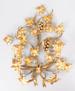 Pair of Italian Florentine Gilt Tole Grape Leaf & Bows Candle Sconces circa 1950