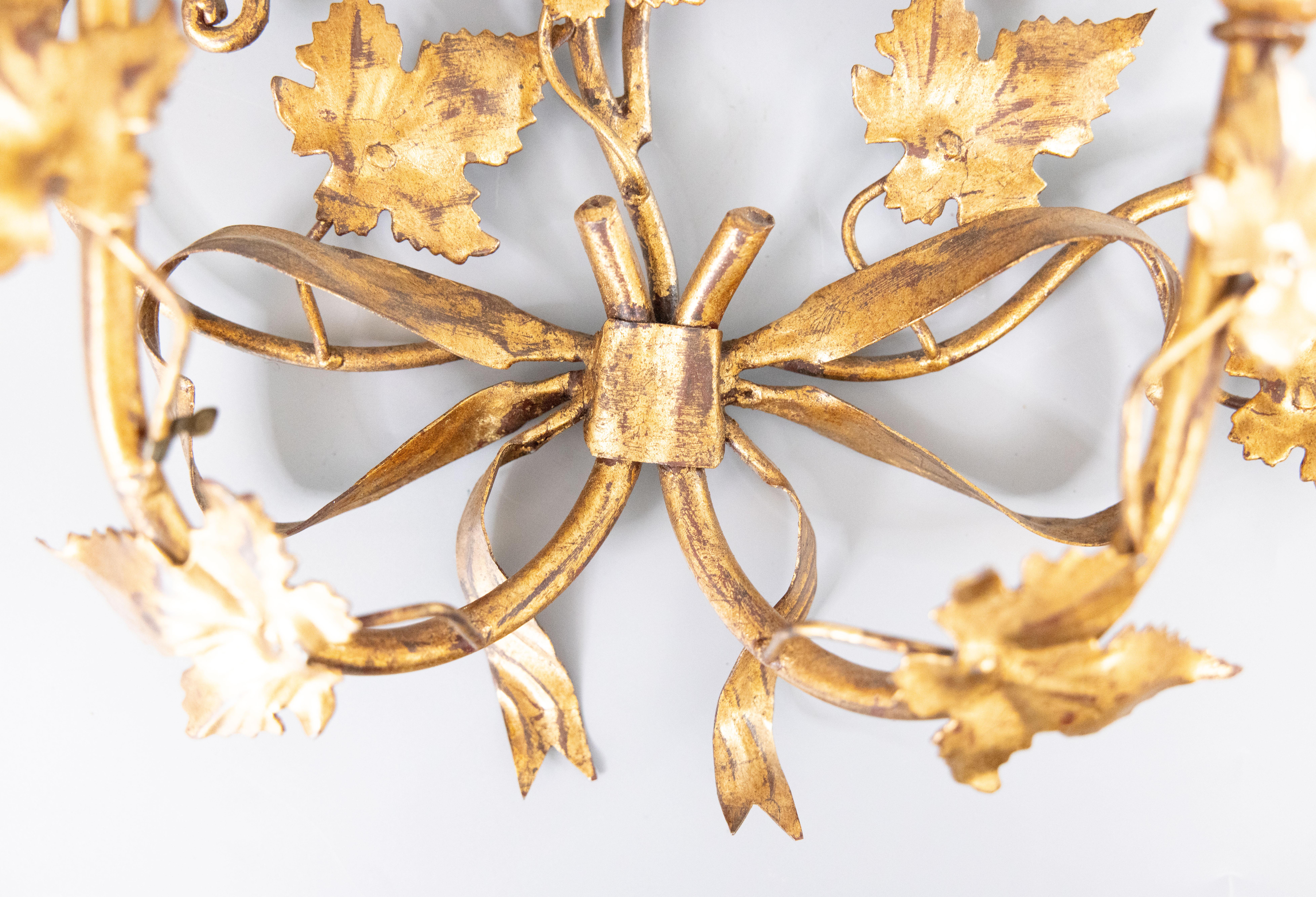 Pair of Italian Florentine Gilt Tole Grape Leaf & Bows Candle Sconces circa 1950 For Sale 1