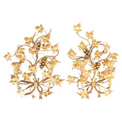 Paire d'appliques à bougies italiennes à feuilles de vigne et nœuds en vermeil Florentine circa 1950