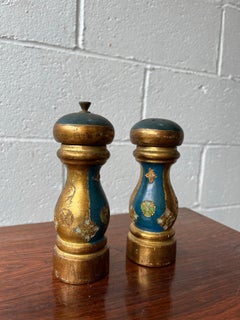 Pair of Italian Florentine Parcel Gilt Blue Painted Salt and Pepper Mills