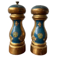 Pair of Italian Florentine Parcel Gilt Blue Painted Salt and Pepper Mills