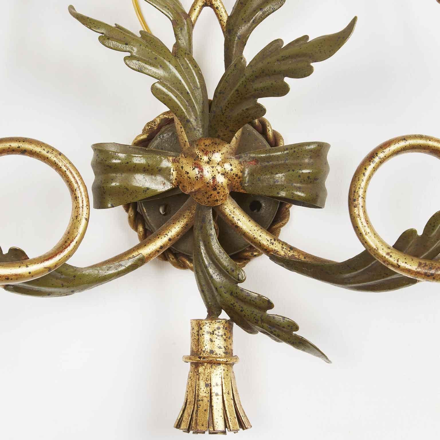 Iron Pair of Italian Florentine Sconces by Banci circa 1980 Green and Gilt Finish For Sale