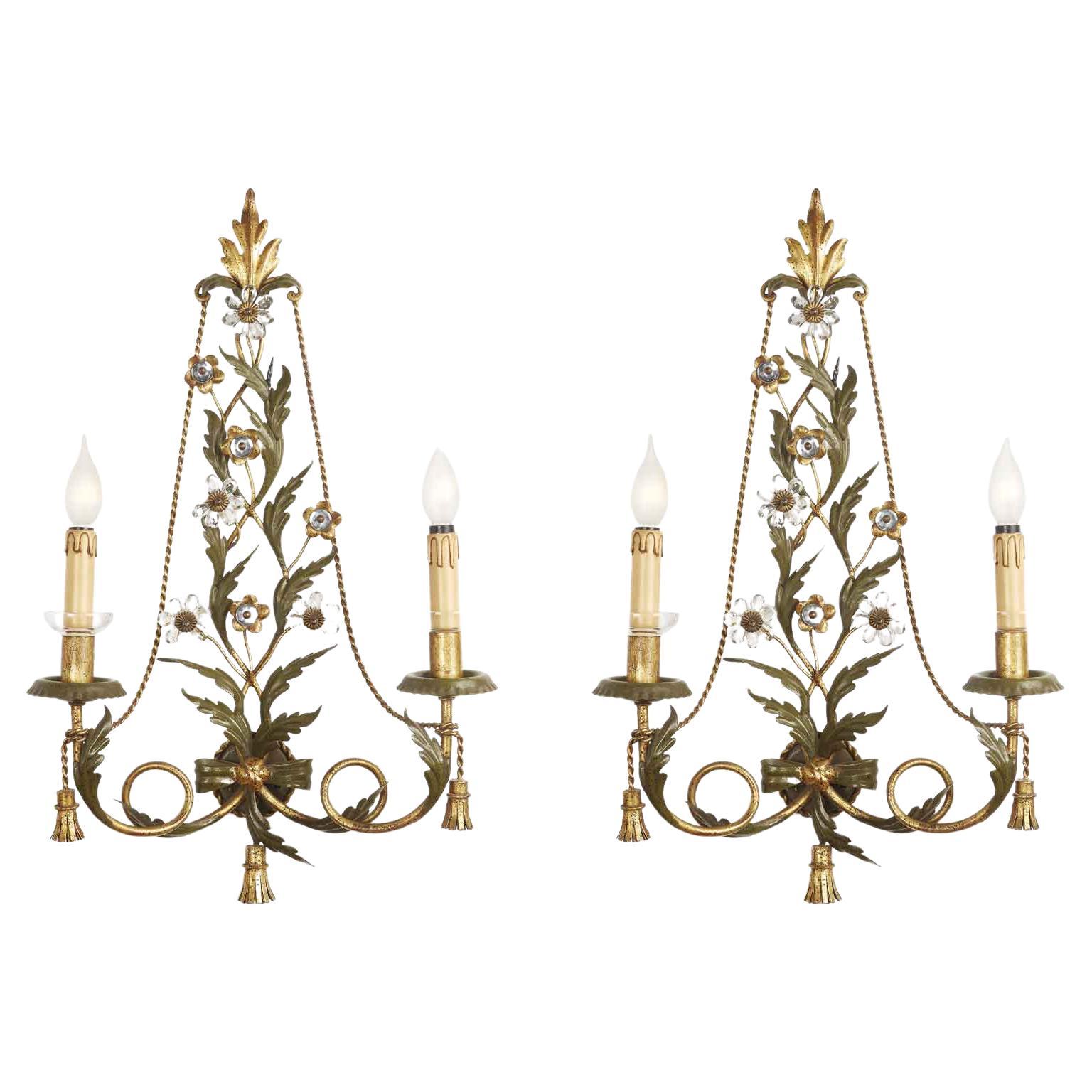 Pair of Italian Florentine Sconces by Banci circa 1980 Green and Gilt Finish For Sale