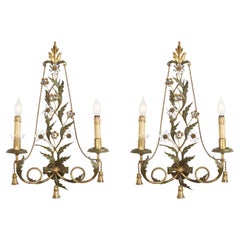 Vintage Pair of Italian Florentine Sconces by Banci circa 1980 Green and Gilt Finish