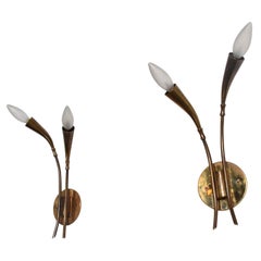 Italian Flower Bud Wall Sconces Patinated Brass Style of Stilnovo 1950s Italy