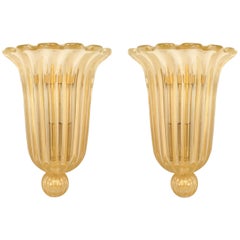 Pair of Italian Fluted and Scalloped Gold Murano Glass Sconces
