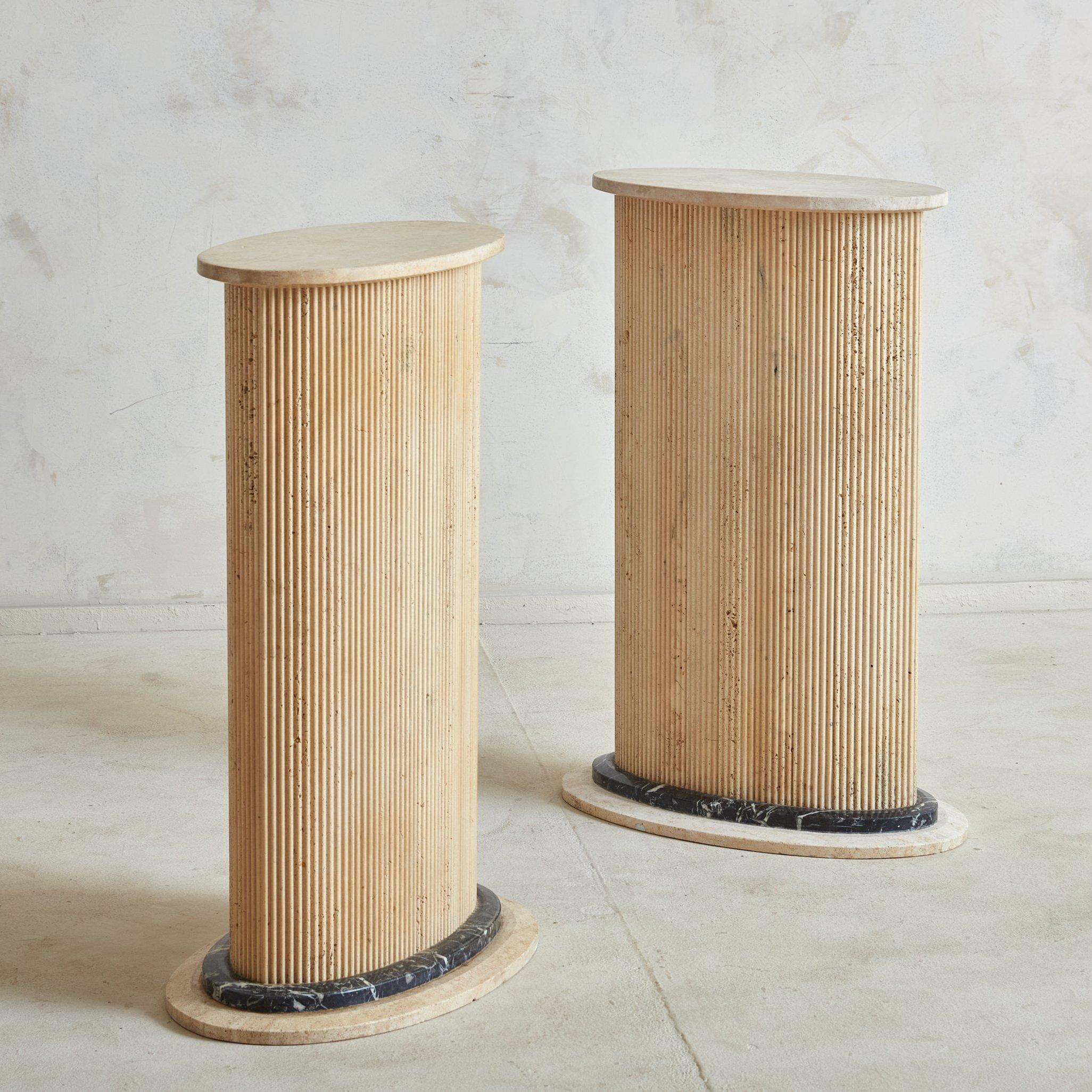 Modern Pair of Italian Fluted Travertine Pedestals with Marble Trim