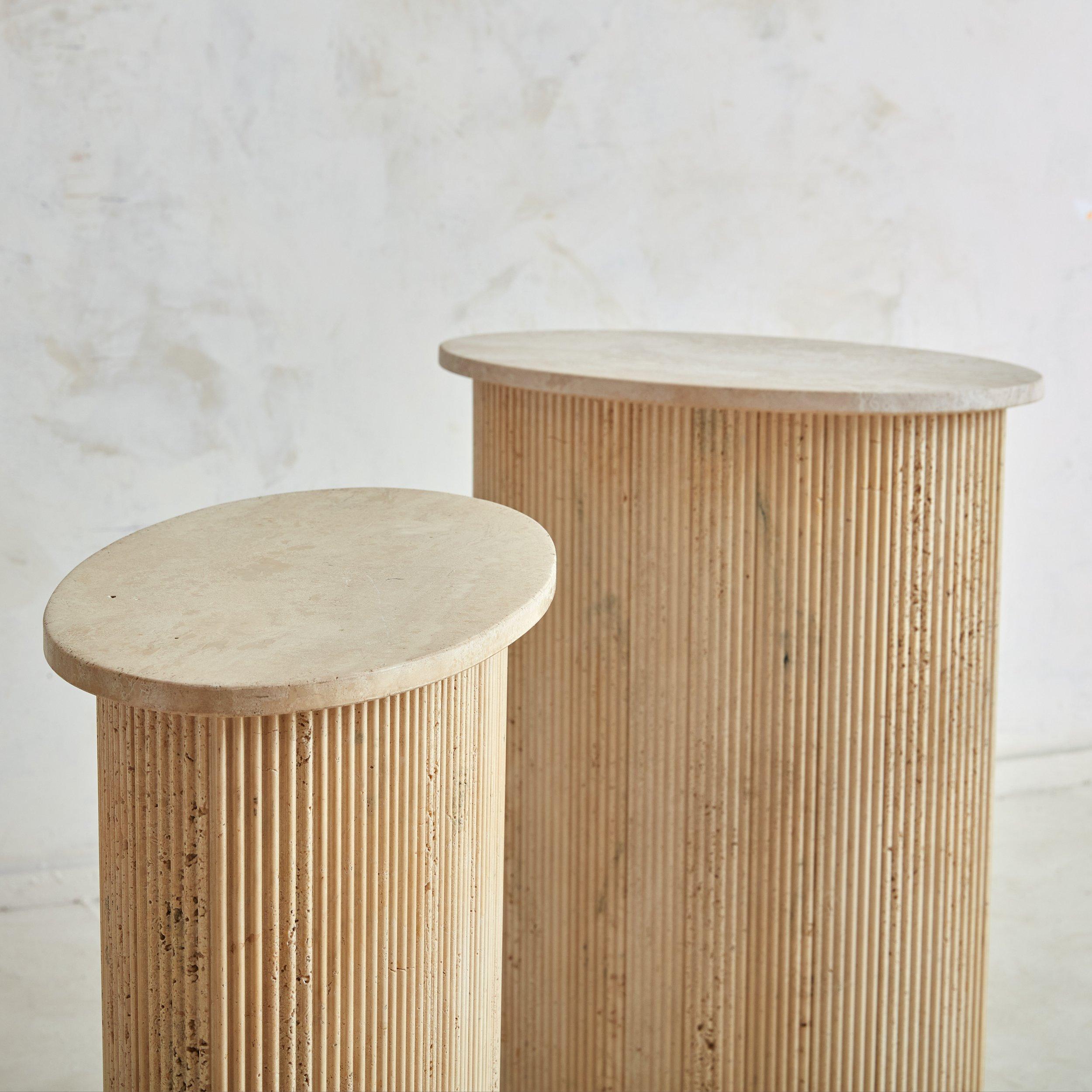 Pair of Italian Fluted Travertine Pedestals with Marble Trim In Good Condition In Chicago, IL