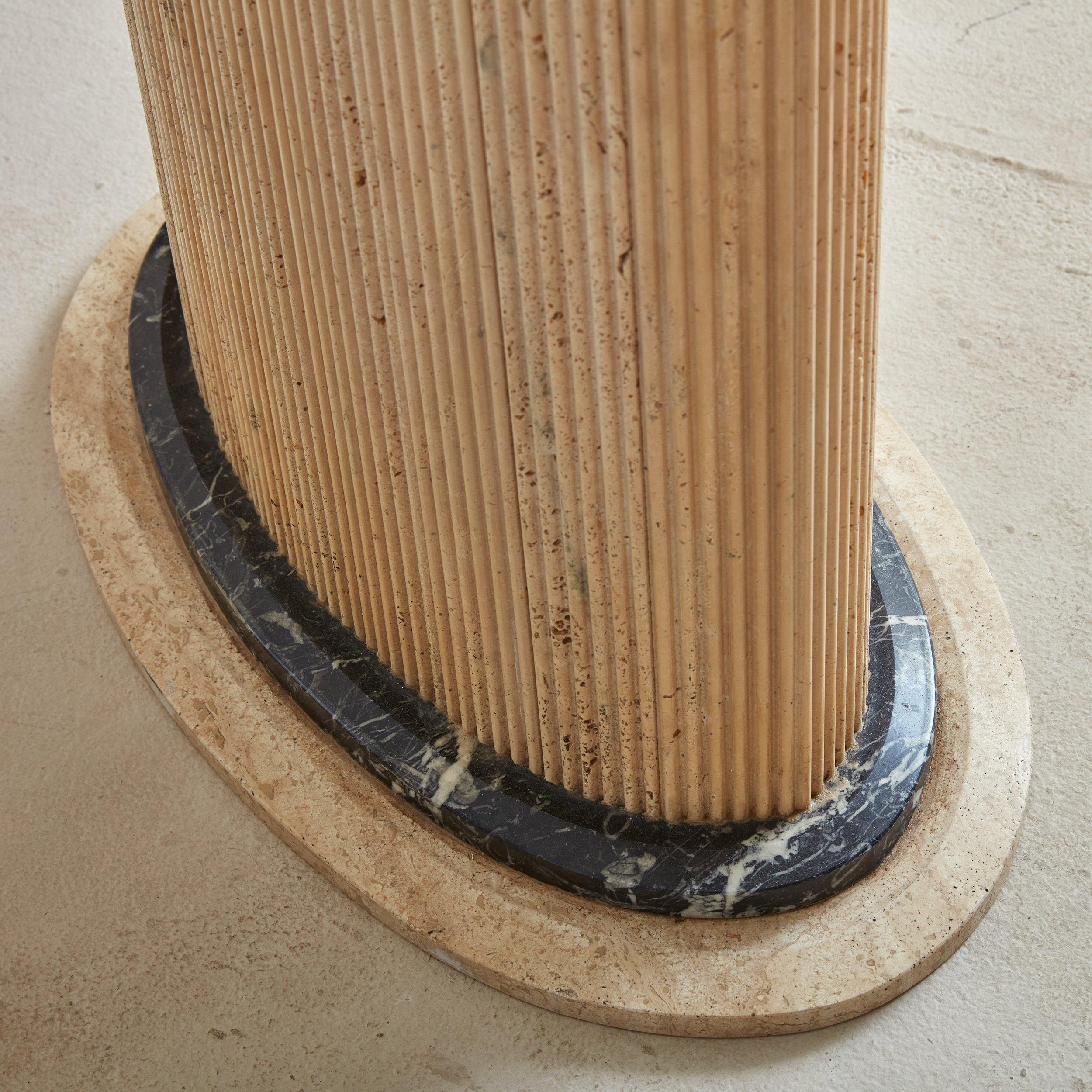 Pair of Italian Fluted Travertine Pedestals with Marble Trim 1