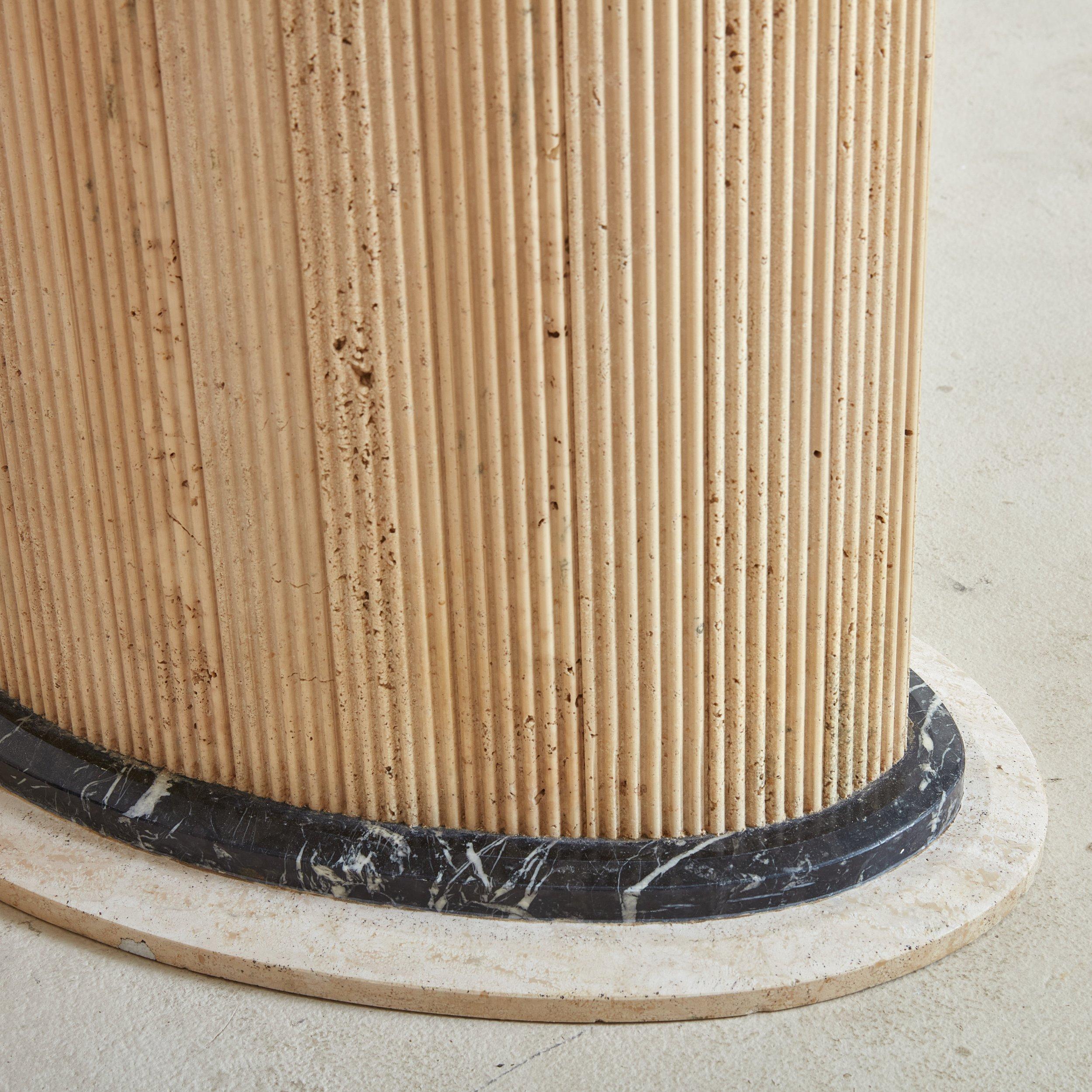 Pair of Italian Fluted Travertine Pedestals with Marble Trim 3