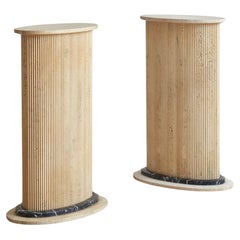 Pair of Italian Fluted Travertine Pedestals with Marble Trim