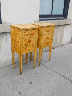 Pair of Venetian Foliage Painted One Drawer Cabinet Commodes Tapered Legs C 1780