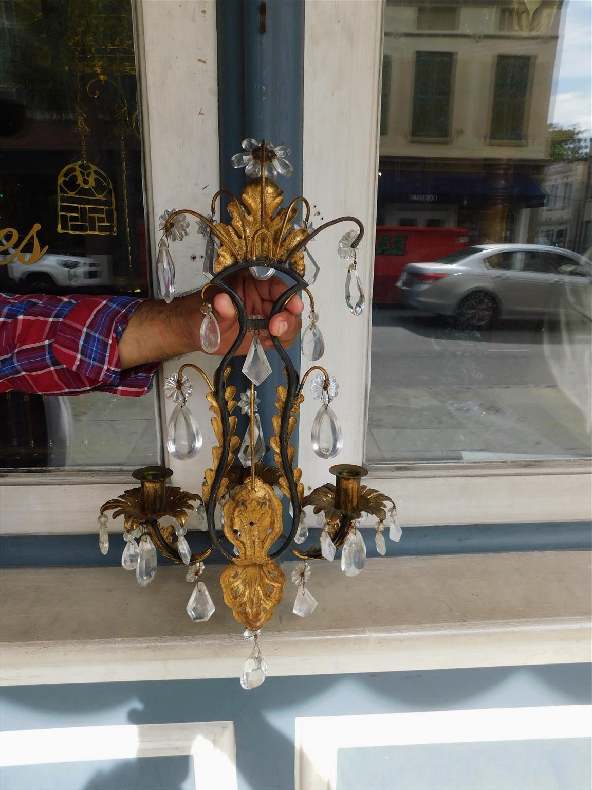 Pair of Italian Foliage Rock Crystal and Gilt Three Arm Wall Sconces, C. 1820  3