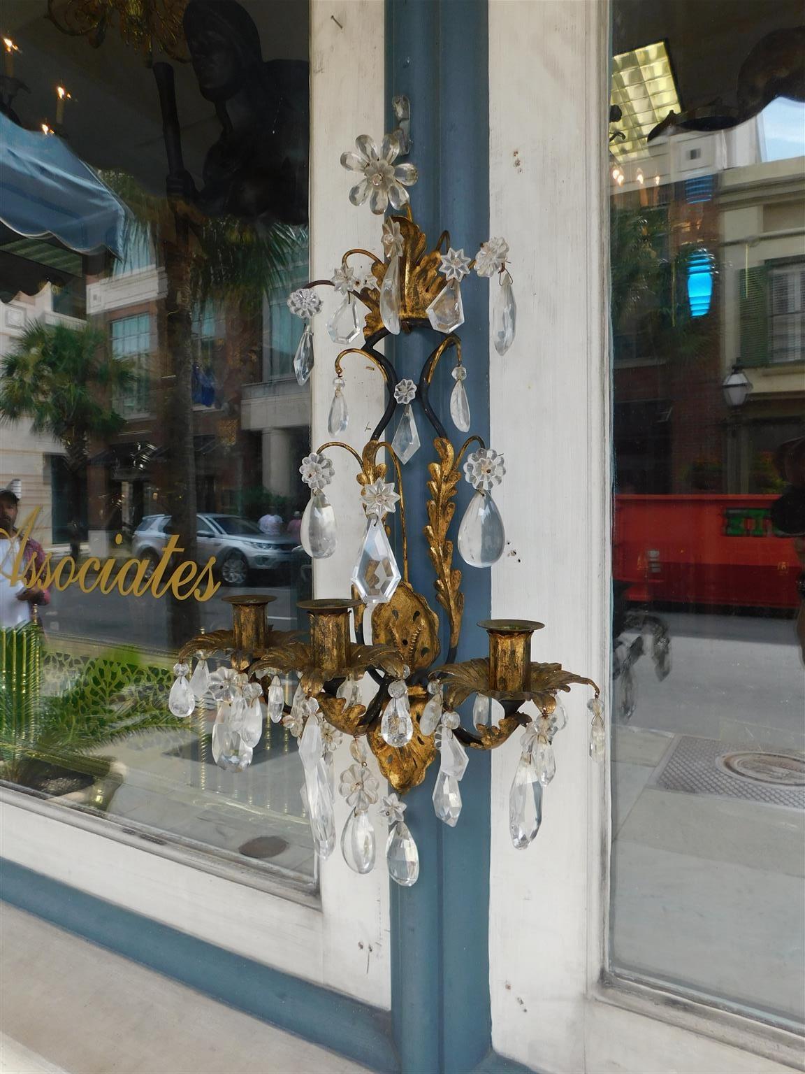 Hand-Crafted Pair of Italian Foliage Rock Crystal and Gilt Three Arm Wall Sconces, C. 1820 