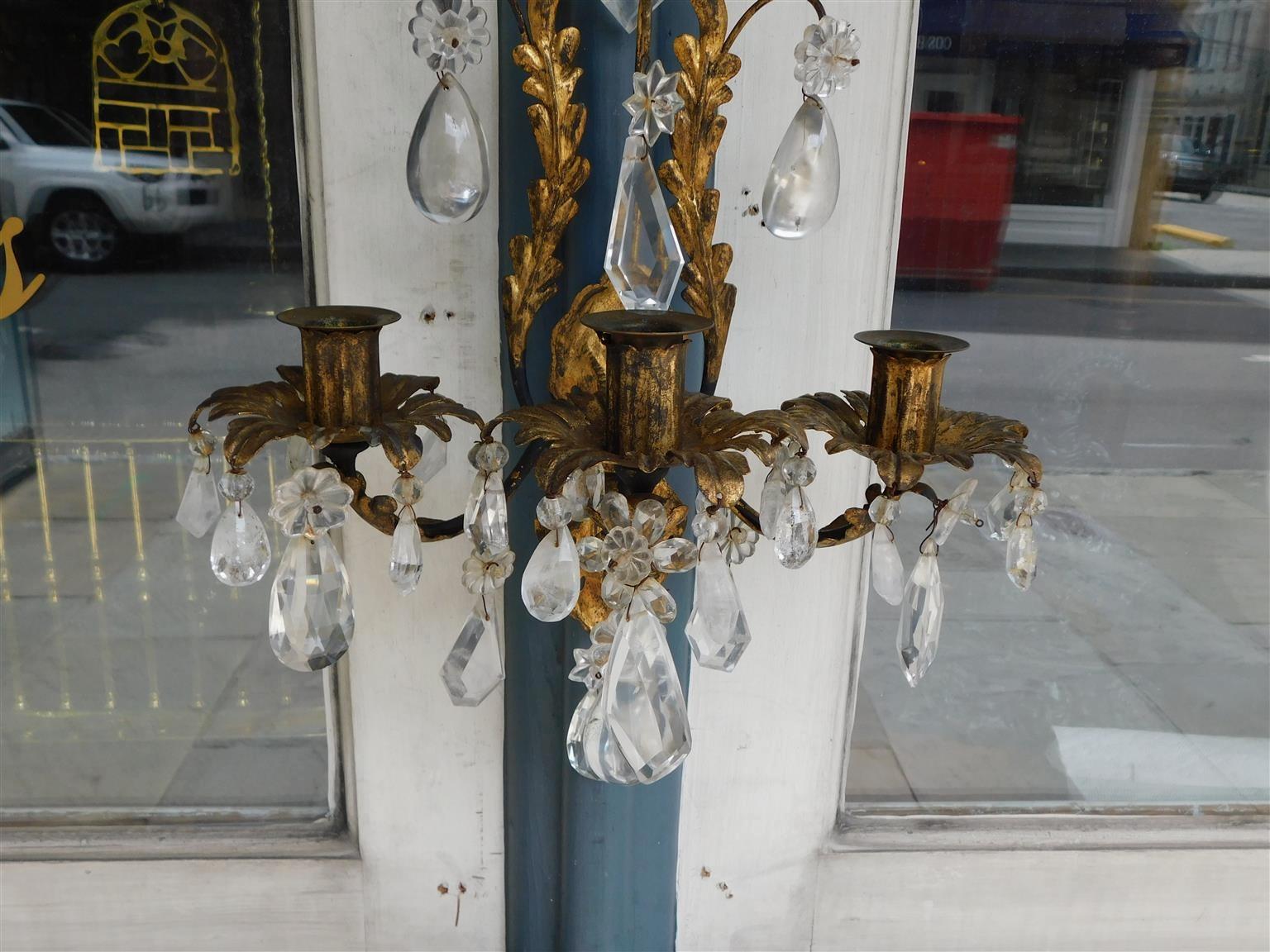 Pair of Italian Foliage Rock Crystal and Gilt Three Arm Wall Sconces, C. 1820  2