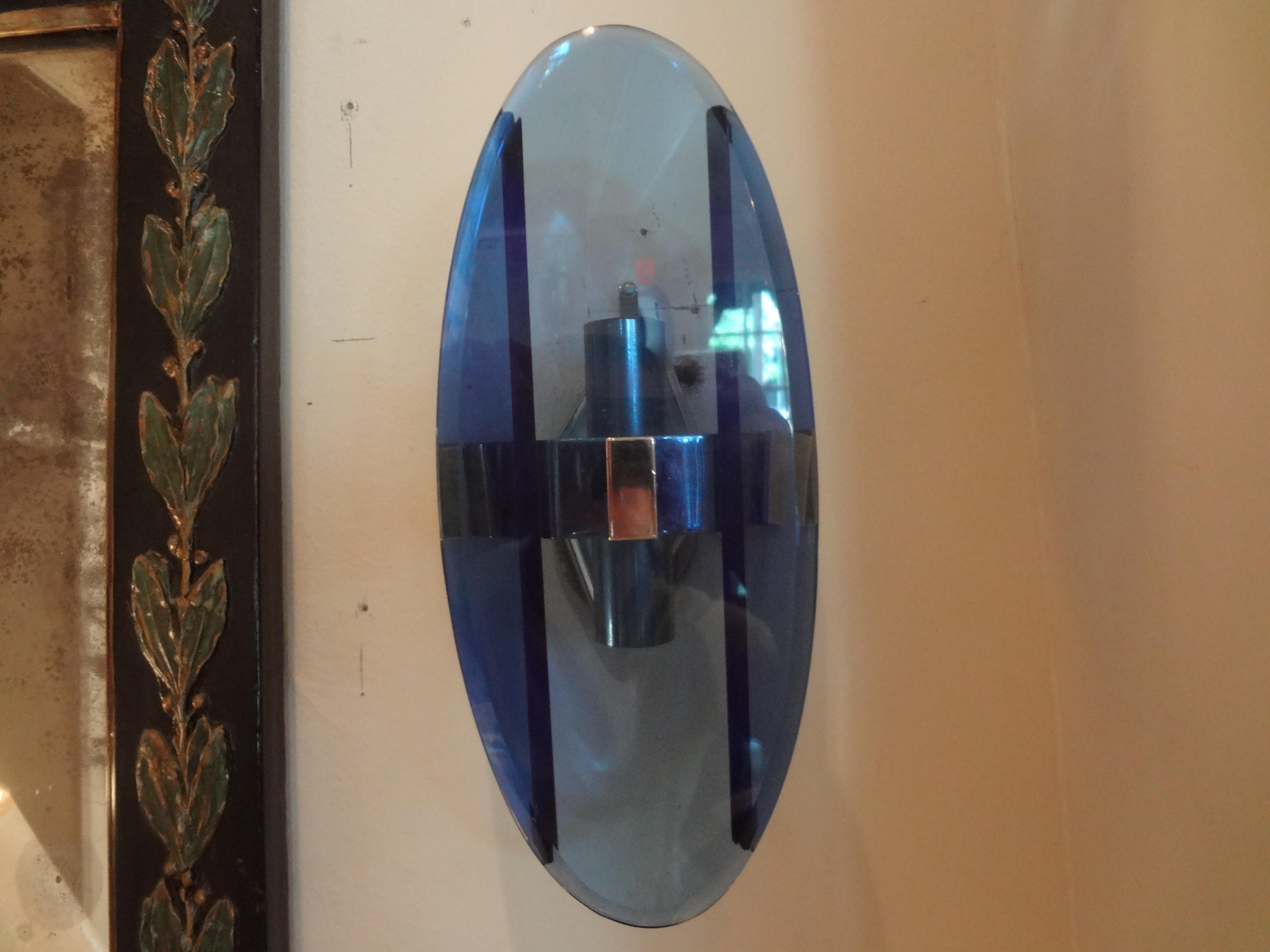 Mid-Century Modern Pair of Italian Fontana Arte Style Blue Glass Sconces For Sale