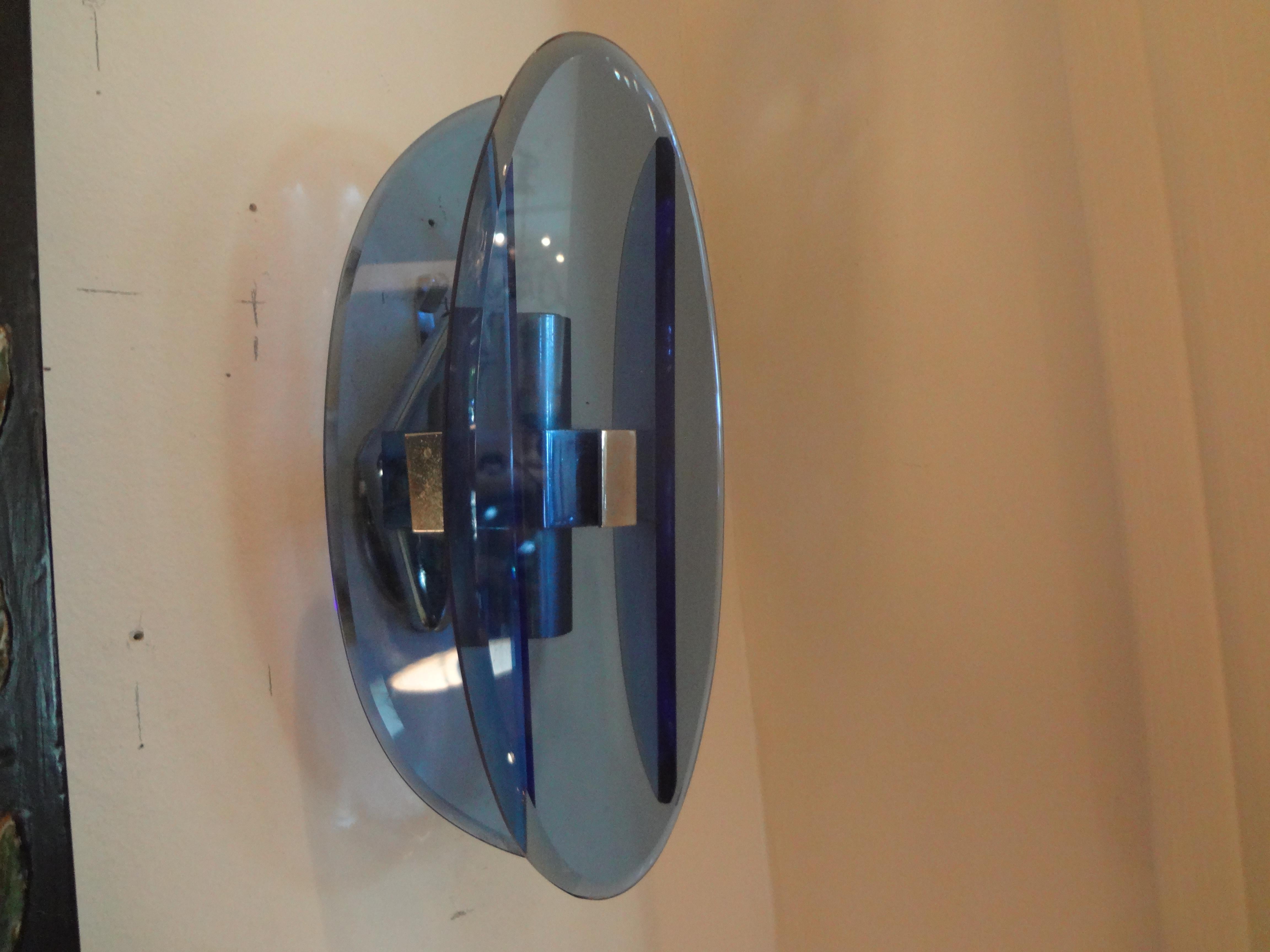 Pair of Italian Fontana Arte Style Blue Glass Sconces For Sale 1
