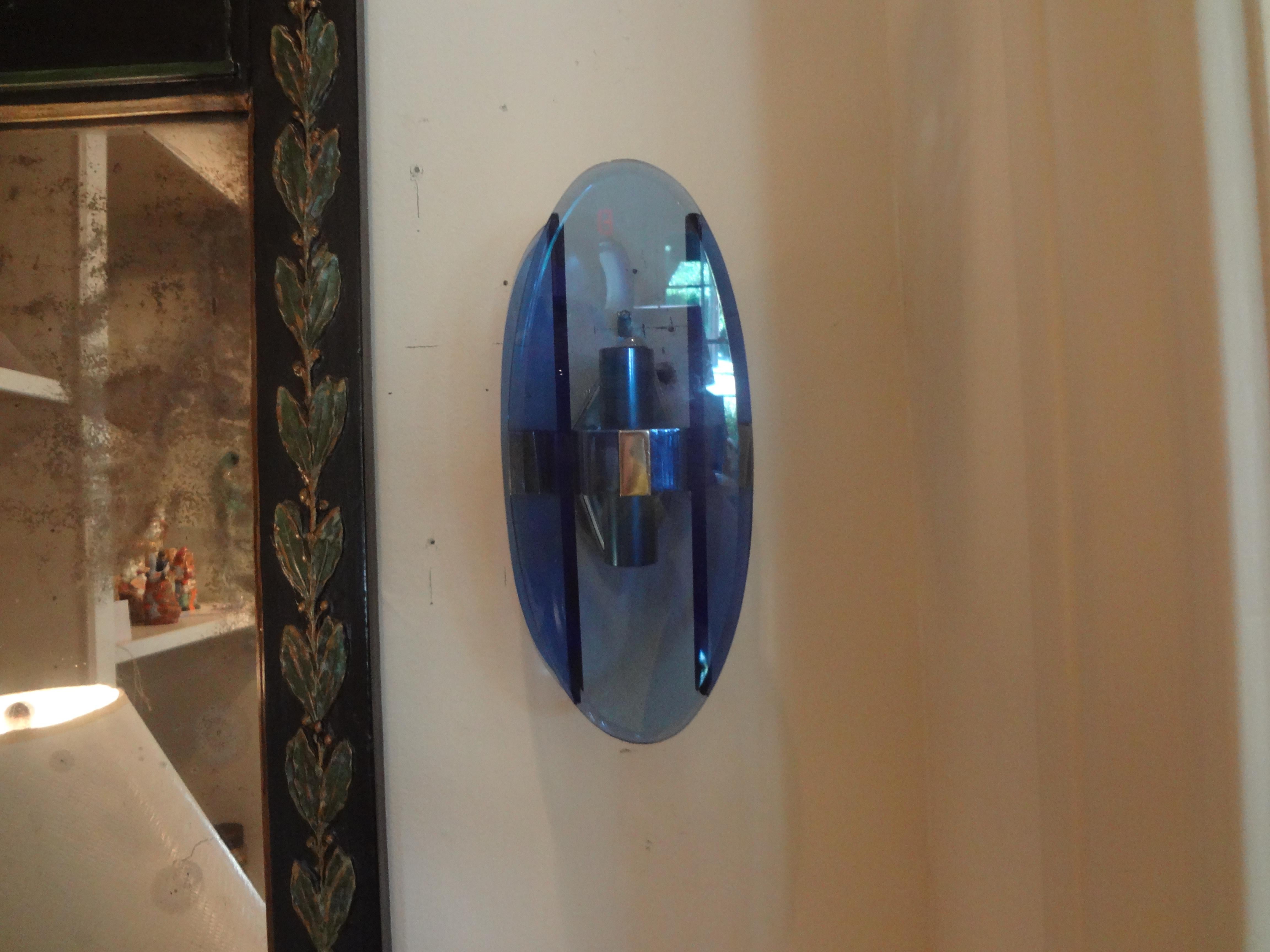 Pair of Italian Fontana Arte Style Blue Glass Sconces For Sale 3