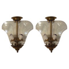 Coppia di lampade italiane in stile Fontana Arte in ottone e vetro acidato