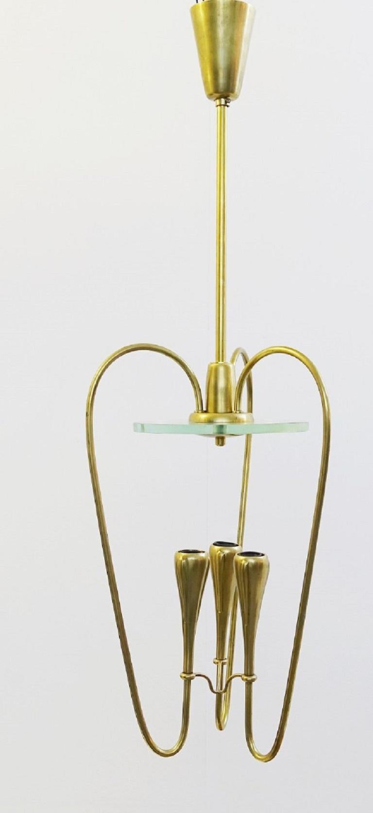 Mid-Century Modern Pair of Italian Fontana Arte Style Brass and Glass Pendants Light, Italy, 1970s