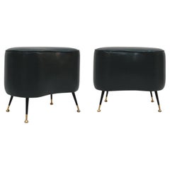 Pair of Italian Footstools in Solid Wood and Green Faux Leather, Italy, 1960s
