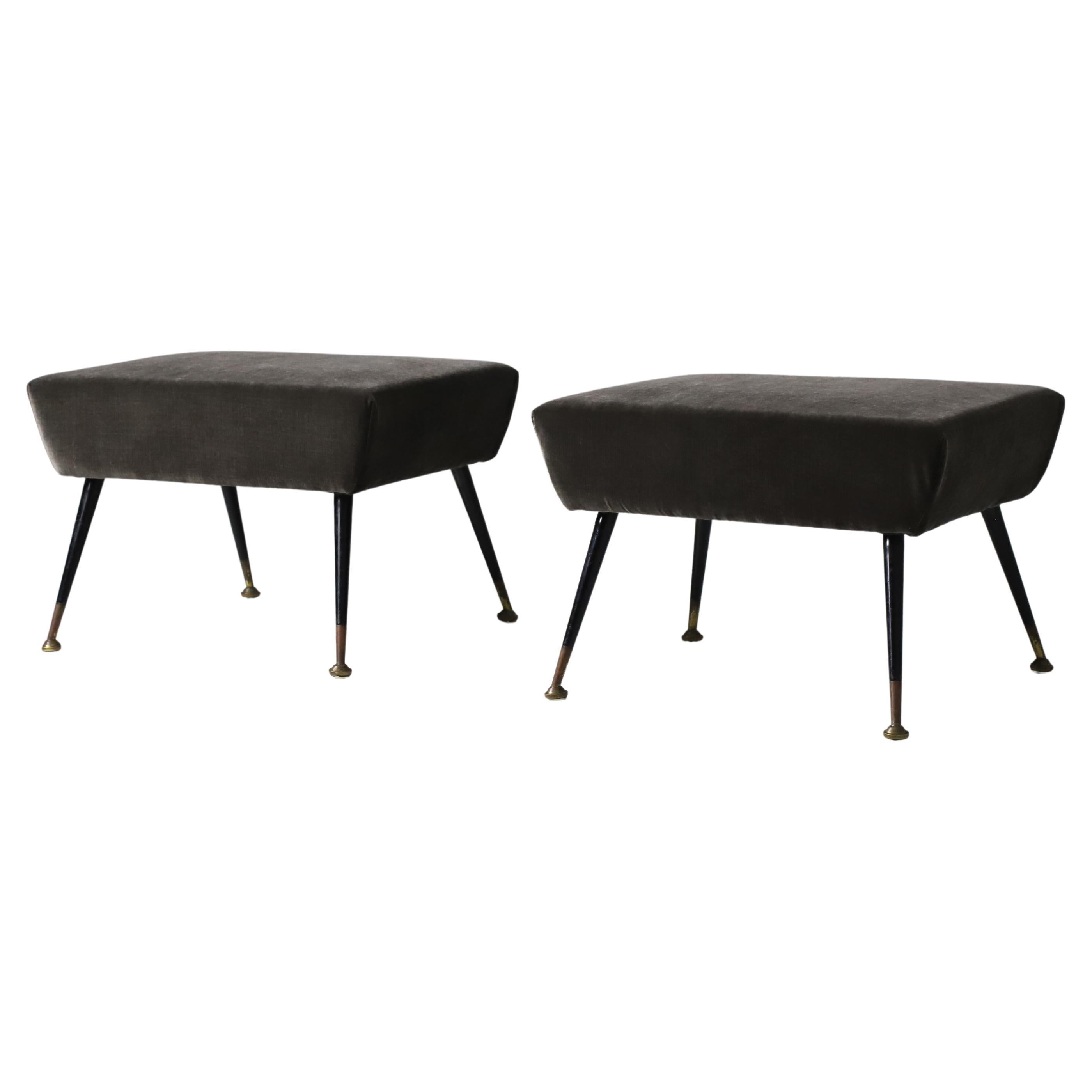 Pair of Italian footstools in velvet & brass, 1950s